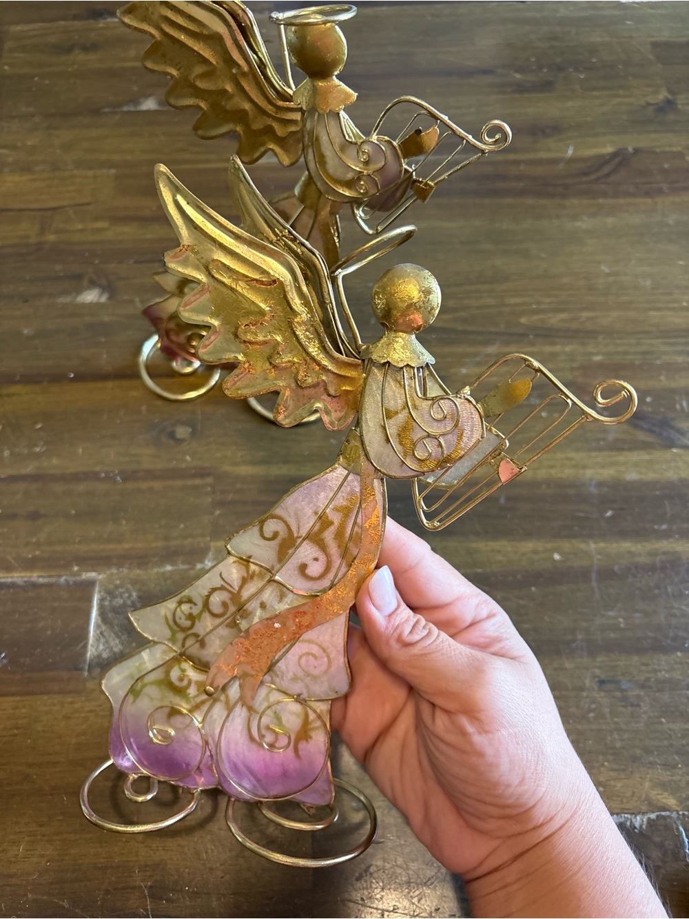 Vintage Holiday Capiz Shell Angel Gold Set 2 Harp Christmas Iridescent Whimsy